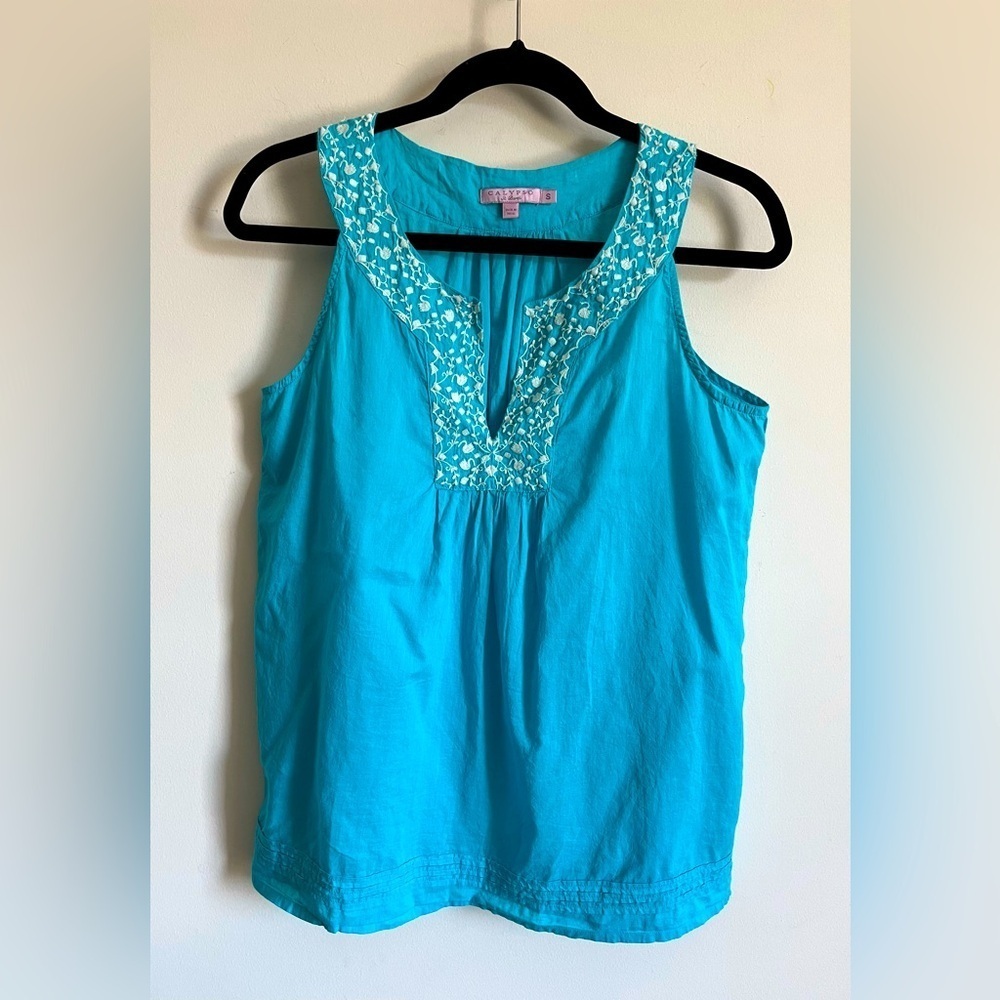 Calypso St. Barth Resortwear Cotton Sleeveless turquoise embroidered blouse sz S